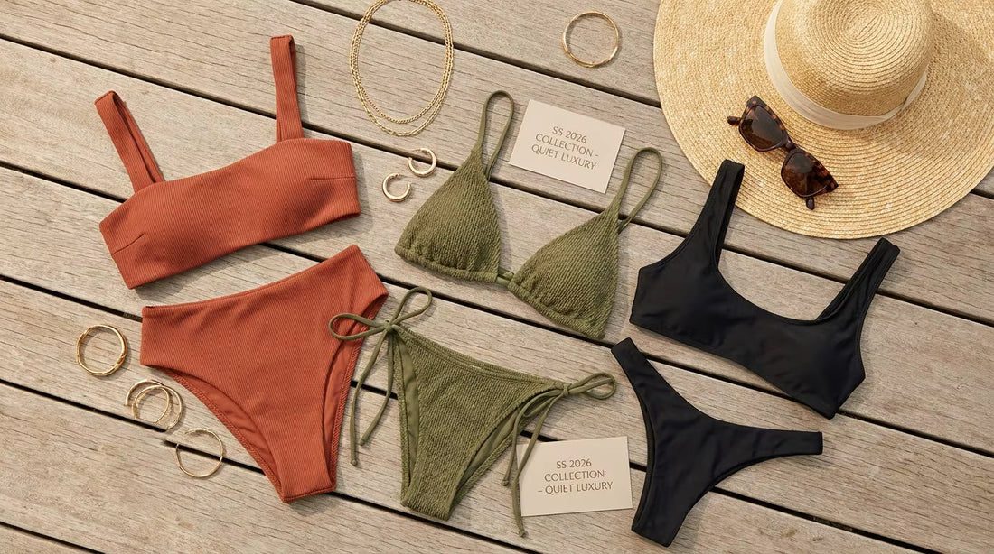 Minimalist flat lay of high-end swimwear and accessories