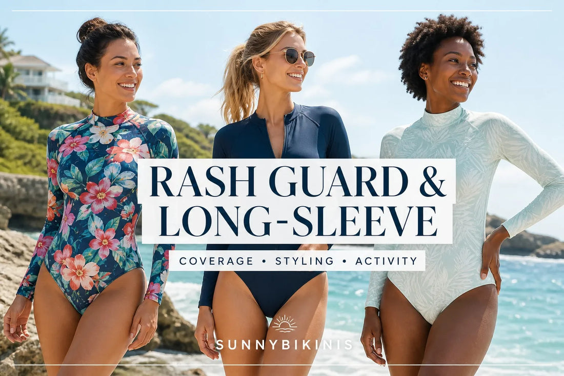 Long-sleeve rash guard one-piece swimwear featured on a bright beach