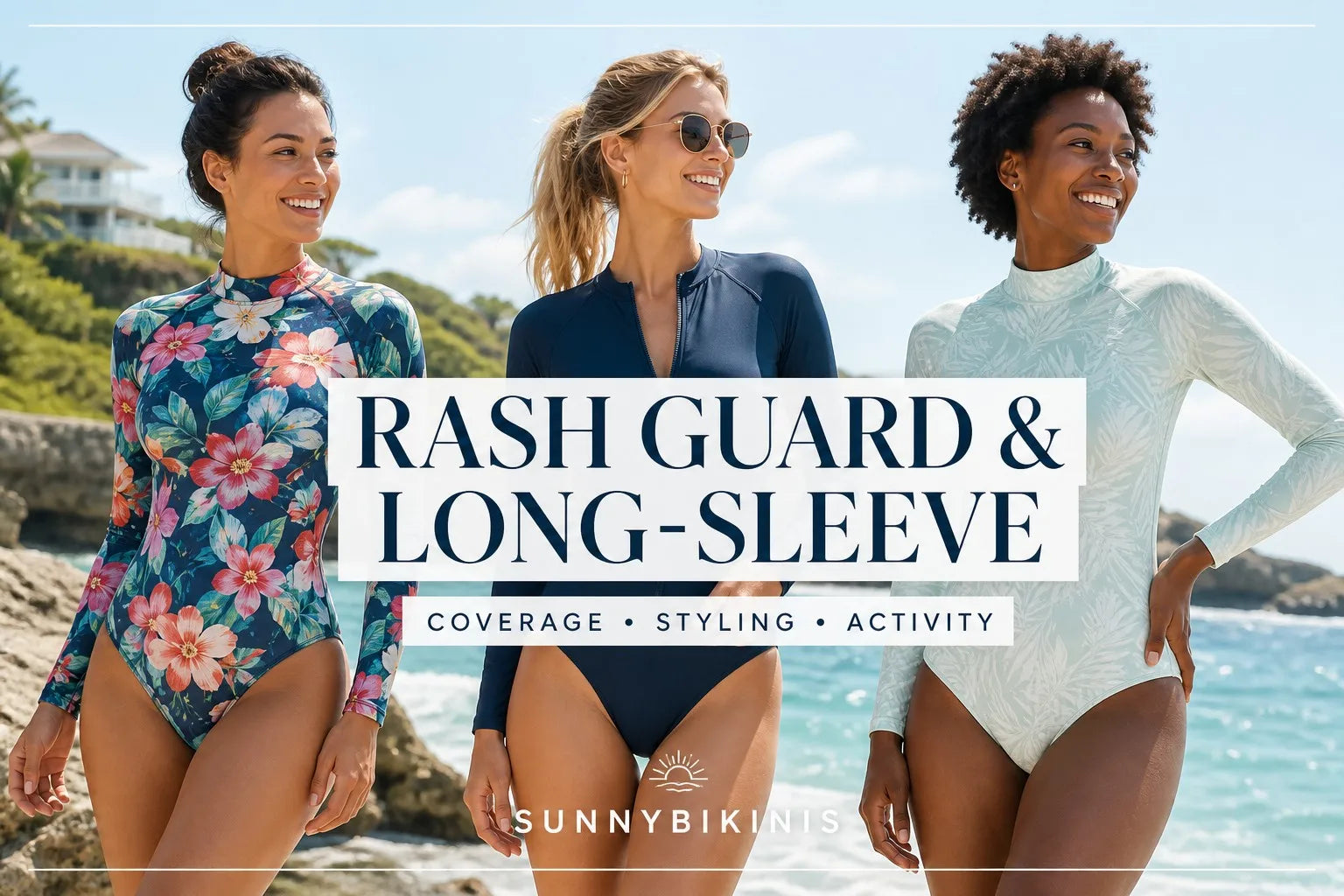 Long-sleeve rash guard one-piece swimwear featured on a bright beach