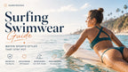 Woman paddling out on a surfboard in a fixed-back sports bikini on a bright California morning