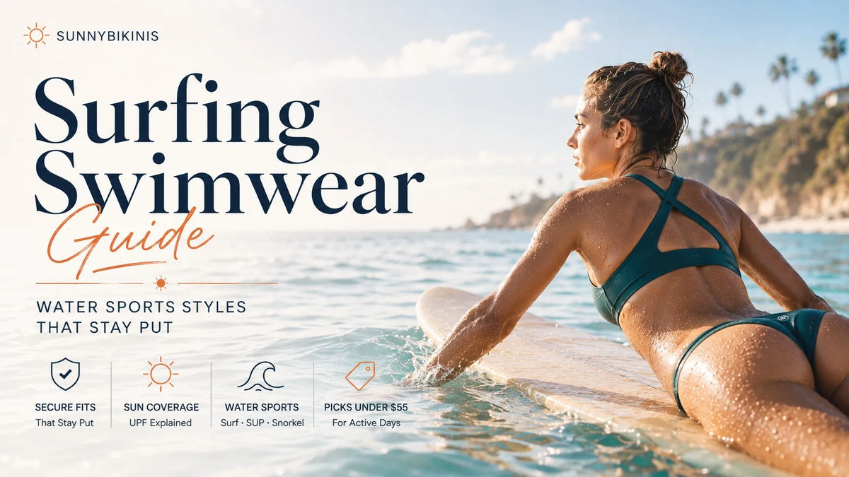 Woman paddling out on a surfboard in a fixed-back sports bikini on a bright California morning