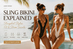 Two women in black and white sling bikinis with open-side strap construction at a resort pool