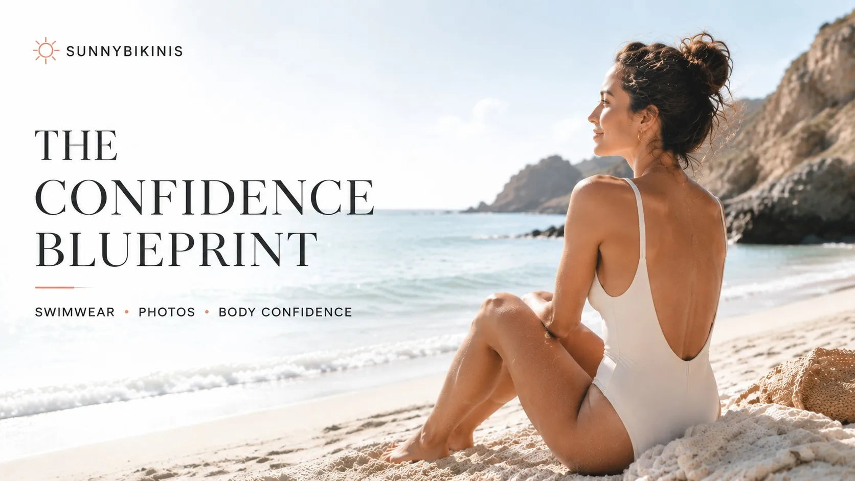 Sunnybikinis editorial cover showing a woman relaxing naturally on a bright coastal beach for a guide to swimsuit photo anxiety and body confidence.