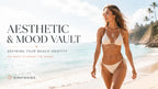 A woman in a ribbed beige bikini walks toward the ocean, a clean beach aesthetic in bright editorial light