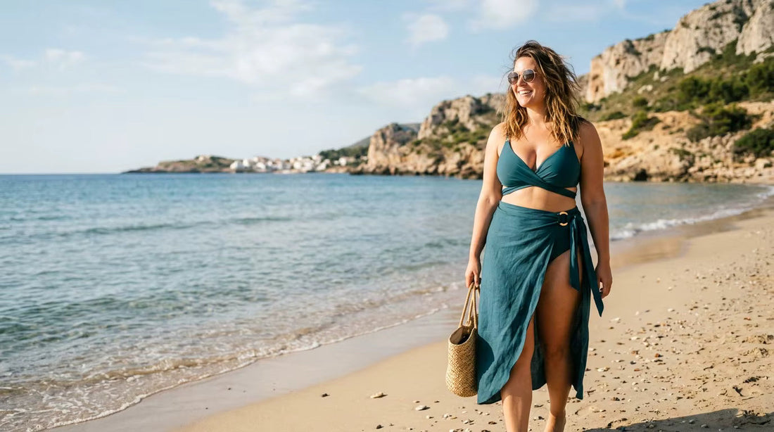 A confident apple-shaped woman wearing an elegant high-waisted wrap bikini on a sun-drenched Mediterranean beach.