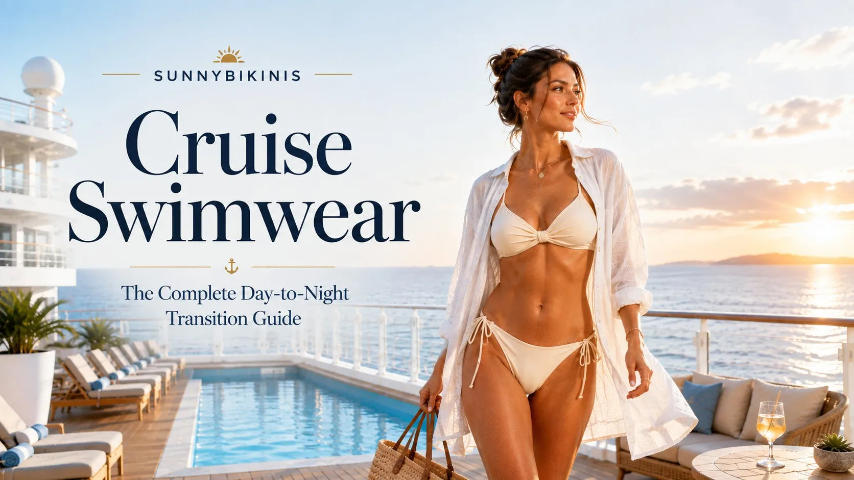 Woman in a bikini with a light layer on a cruise deck at sunset, moving from pool to evening drinks in a day-to-night guide.