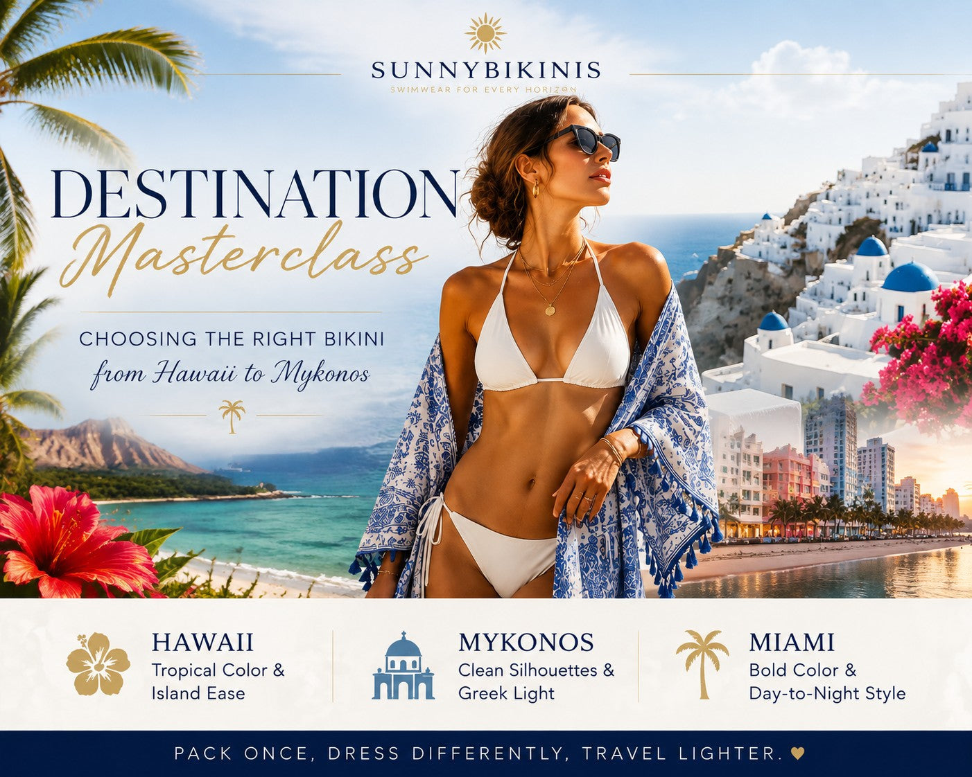 High-key editorial cover showing a woman in a polished bikini and cover-up with visual cues from Hawaii to Mykonos.