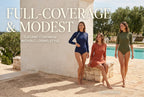 Sunnybikinis cover featuring modest one‑piece swimwear in high‑neck, long‑sleeve, boyleg and skirted styles at a Mediterranean resort.