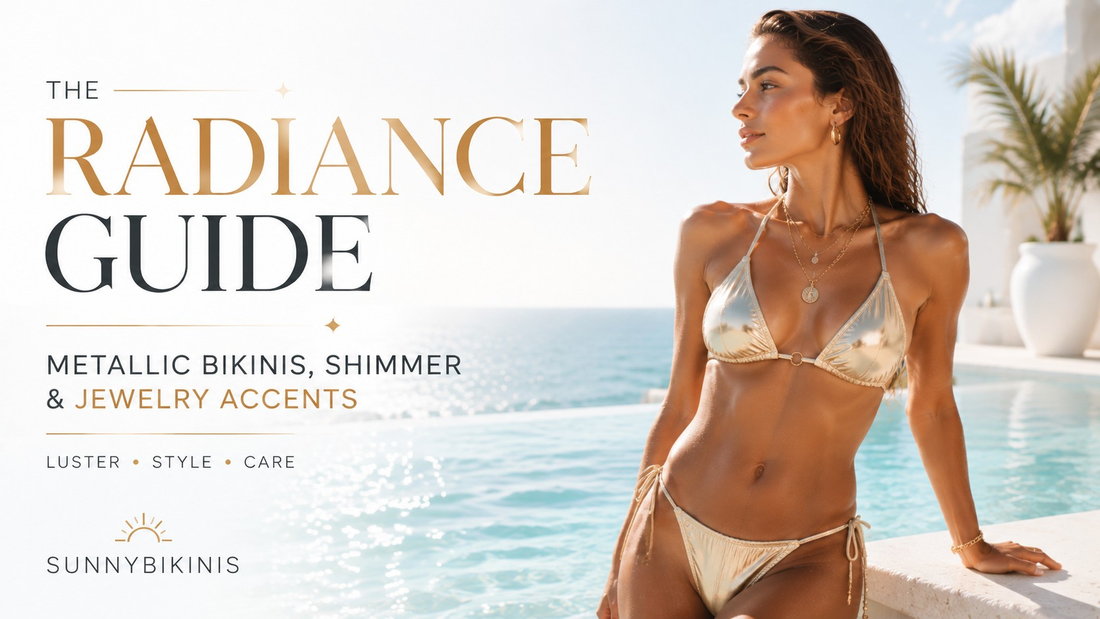 A woman in a metallic gold bikini by the pool at golden hour, luxury luster swimwear in bright editorial light