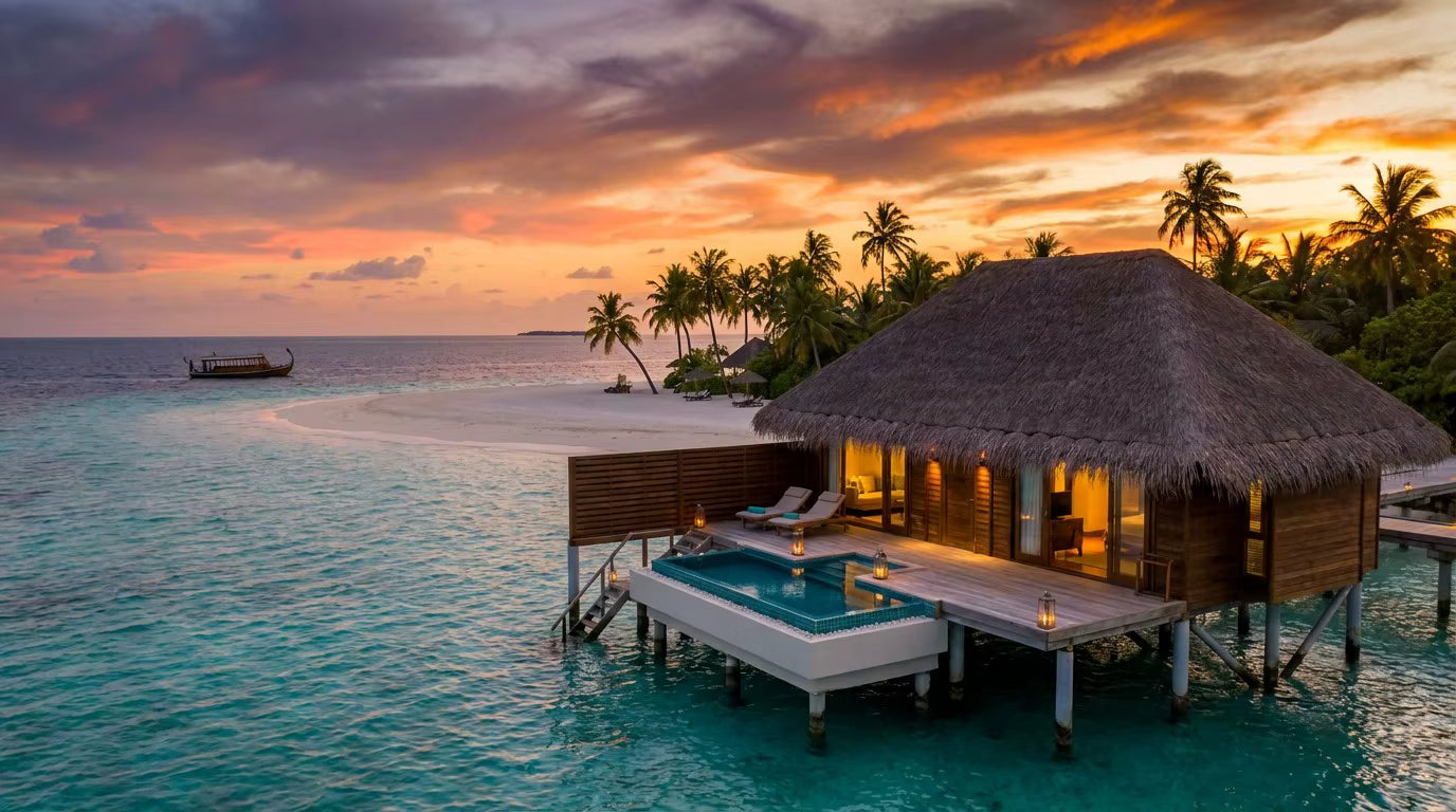 Breathtaking sunset over a luxury Maldives overwater bungalow