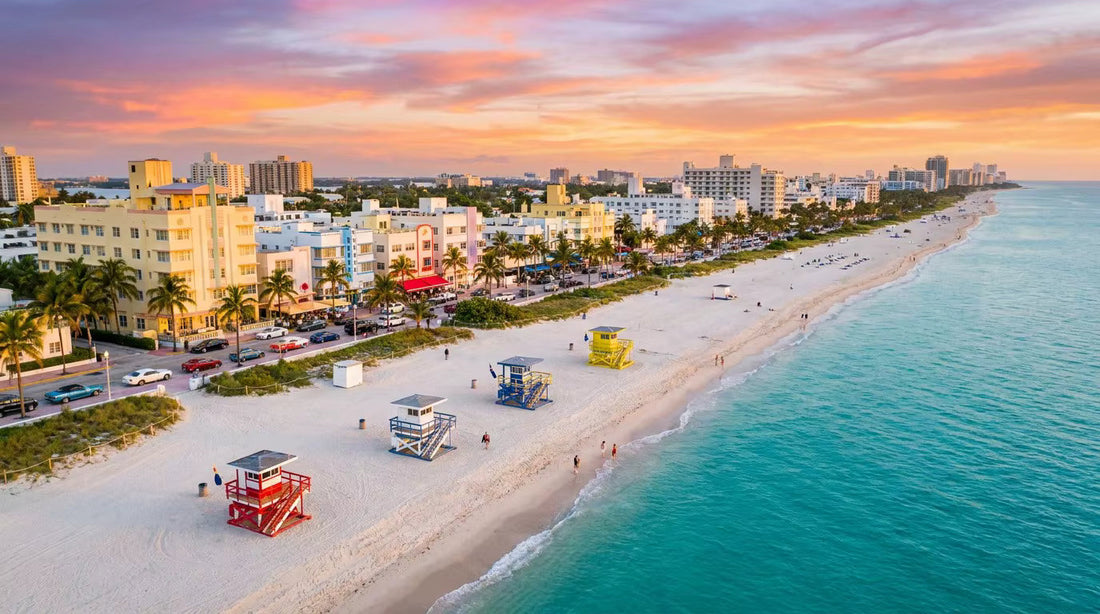 Vibrant sunrise at South Beach Miami with Art Deco buildings