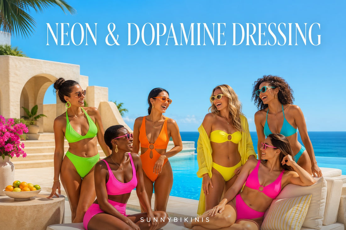 Sunnybikinis editorial cover with the headline “NEON & DOPAMINE DRESSING” and SUNNYBIKINIS wordmark, showing diverse adult women in neon green, hot pink, electric orange, bright yellow, and turquoise swimwear at a tropical resort.