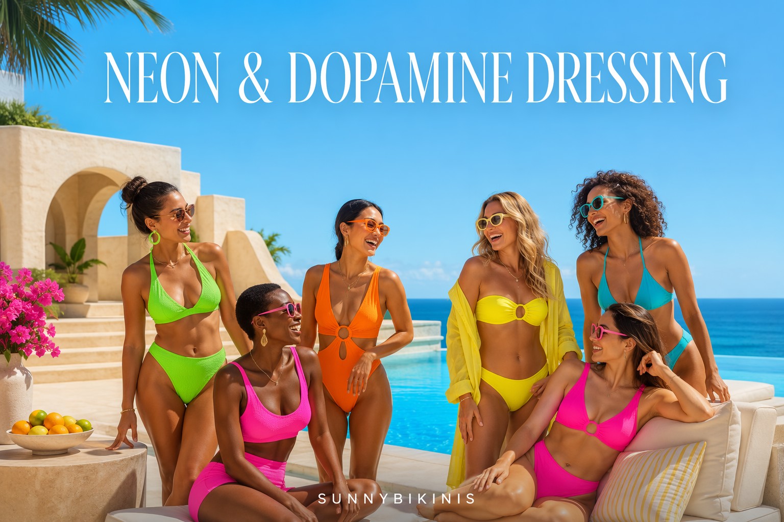 Sunnybikinis editorial cover with the headline “NEON & DOPAMINE DRESSING” and SUNNYBIKINIS wordmark, showing diverse adult women in neon green, hot pink, electric orange, bright yellow, and turquoise swimwear at a tropical resort.