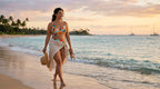 Confident woman with pear-shaped body in a stylish bikini on a sunset beach.