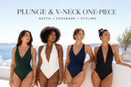 Sunnybikinis editorial cover for a plunge and V-neck one-piece swimwear guide, showing adult women in moderate V-neck, deep-V, halter, and plunge styles at a bright Mediterranean resort, with the headline “PLUNGE & V-NECK ONE-PIECE.”