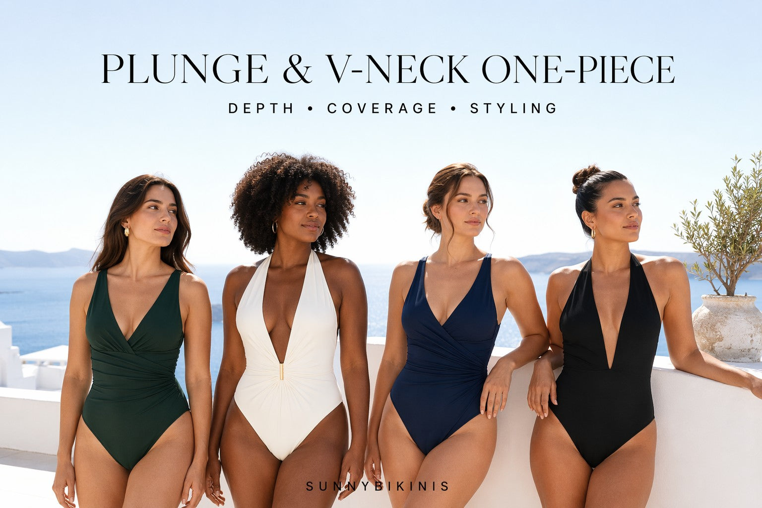 Sunnybikinis editorial cover for a plunge and V-neck one-piece swimwear guide, showing adult women in moderate V-neck, deep-V, halter, and plunge styles at a bright Mediterranean resort, with the headline “PLUNGE & V-NECK ONE-PIECE.”