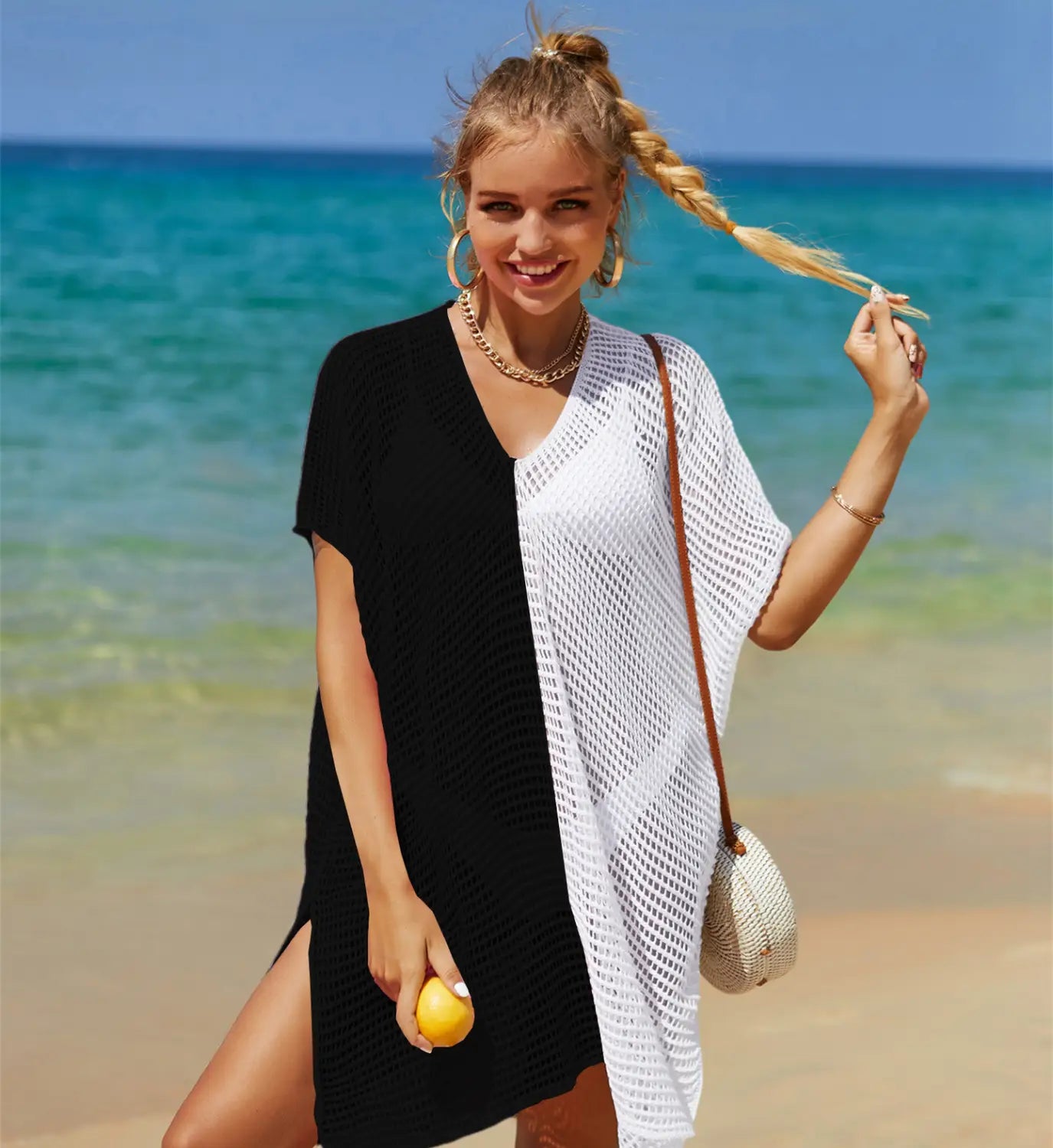 Hollow Out Beach Cover-Up Knit Bikini Over-Blouse