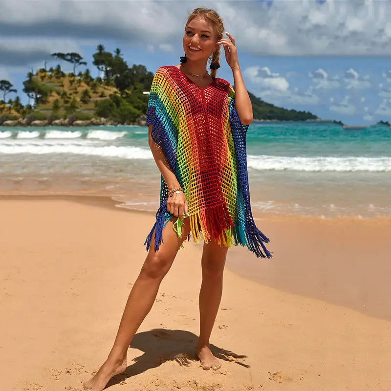 Women’s Knitted Colorful Striped Beach Cover Ups