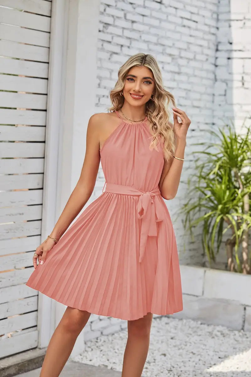 Halter Strapless Dress Solid Pleated Skirt Beach Sundress