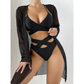 Black 3-piece mesh cover-up bikini set with push-up top and high-waist bottoms
