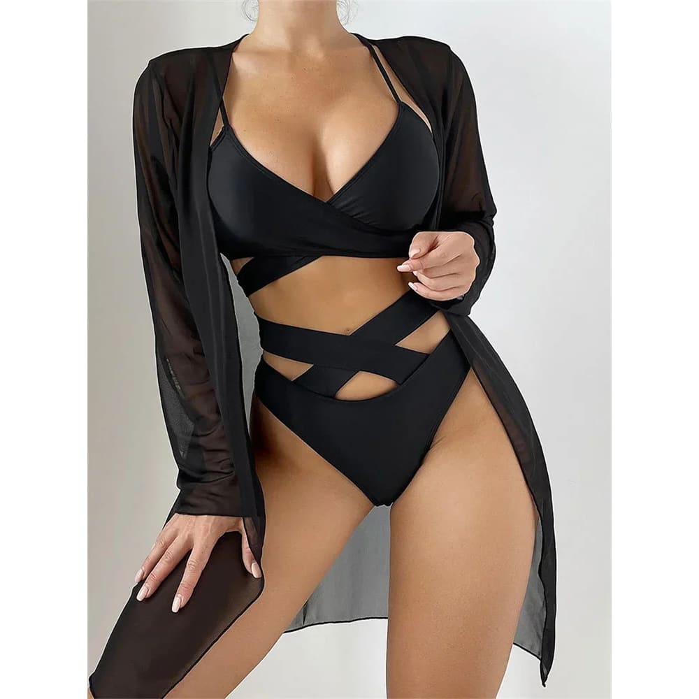 3‑Piece Mesh Cover‑Up Bikini Set with Push‑Up Top - black / S On sale