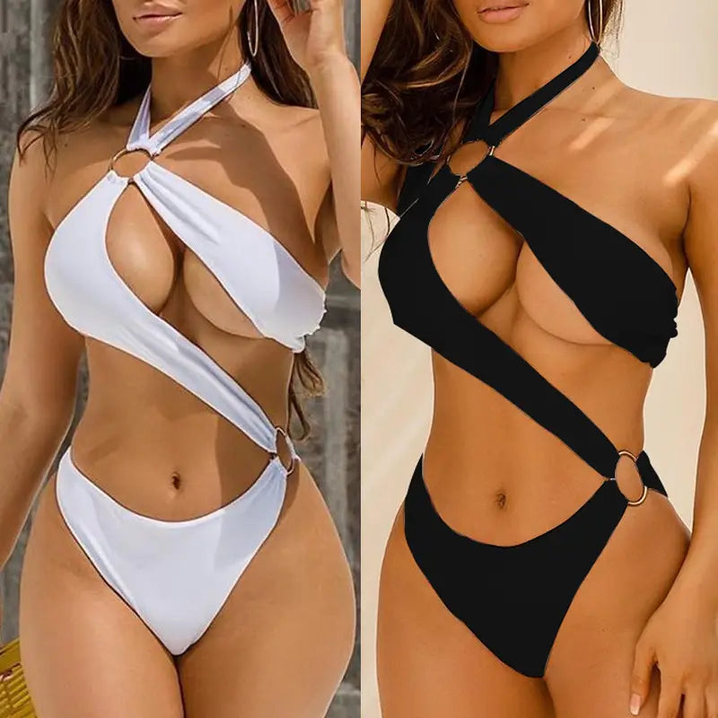 Sexy Hollow Metal Ring Brazilian One Piece Swimsuit