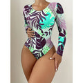Tropical print long-sleeve swimsuit in purple, teal and green with high-cut backless fit