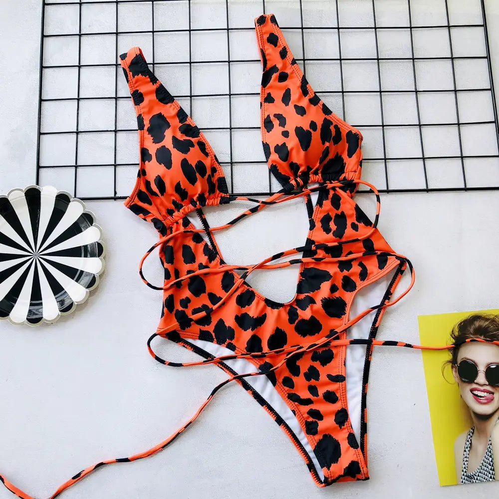 Leopard Print Openwork One Piece Swimsuit