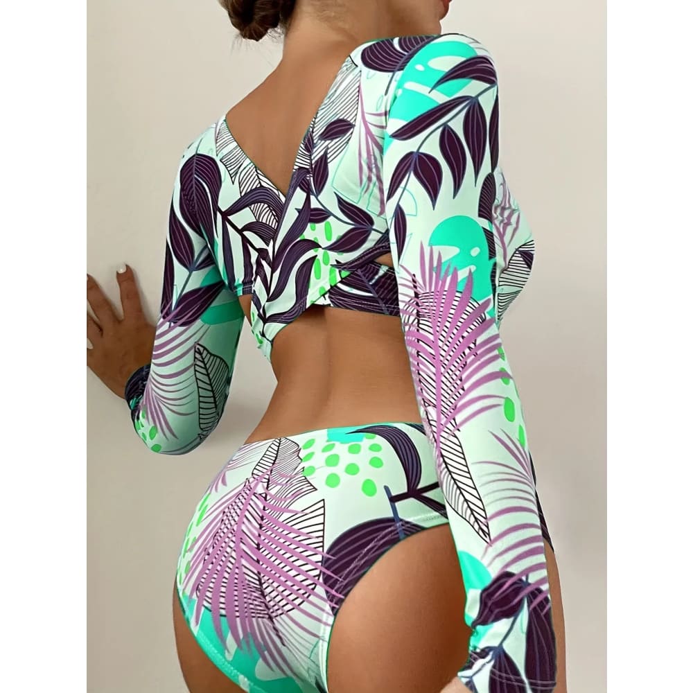Tropical Print Long‑Sleeve Backless High‑Cut One‑Piece - On sale