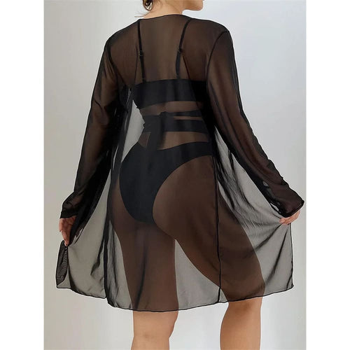 Black sheer mesh cover-up over bikini set with crisscross cutout high-waist