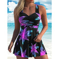 Plus size tankini set, black with purple-blue palm print, halter with tie-front bust