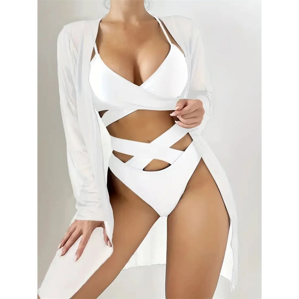 3‑Piece Mesh Cover‑Up Bikini Set with Push‑Up Top - WHITE / S On sale