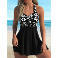 Plus size tankini set, black with white daisy print, halter ruched bust skirted swimwear