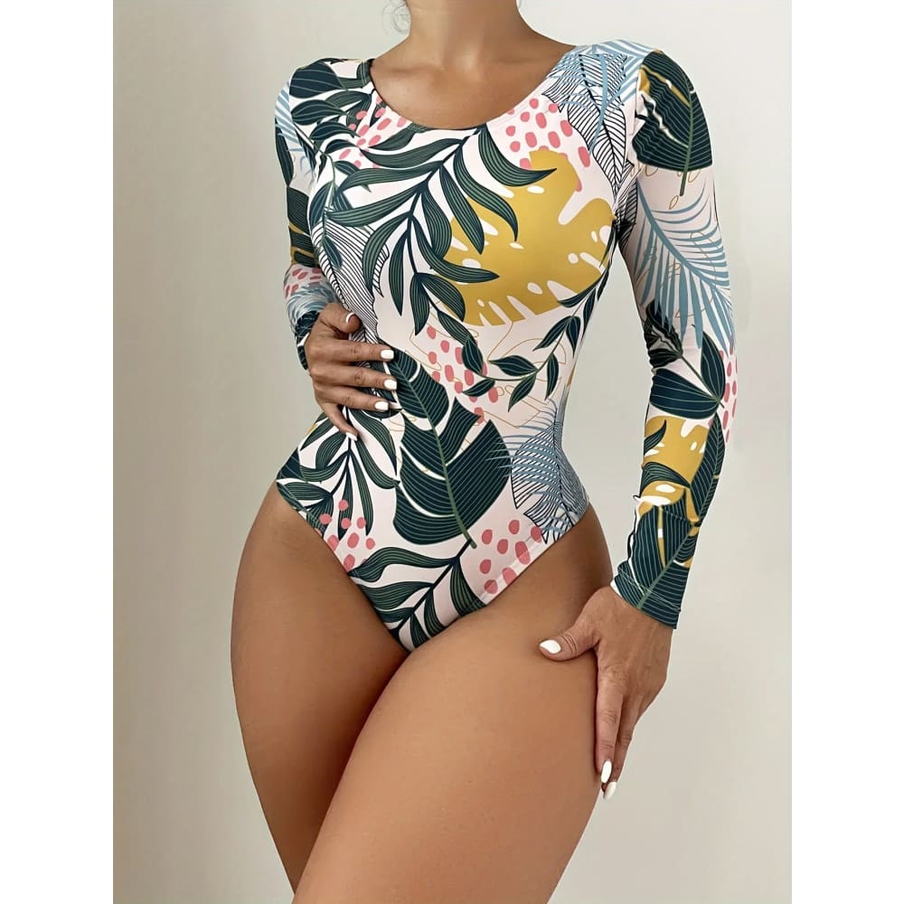 Tropical Print Long‑Sleeve Backless High‑Cut One‑Piece - Dark Green / XXS On sale