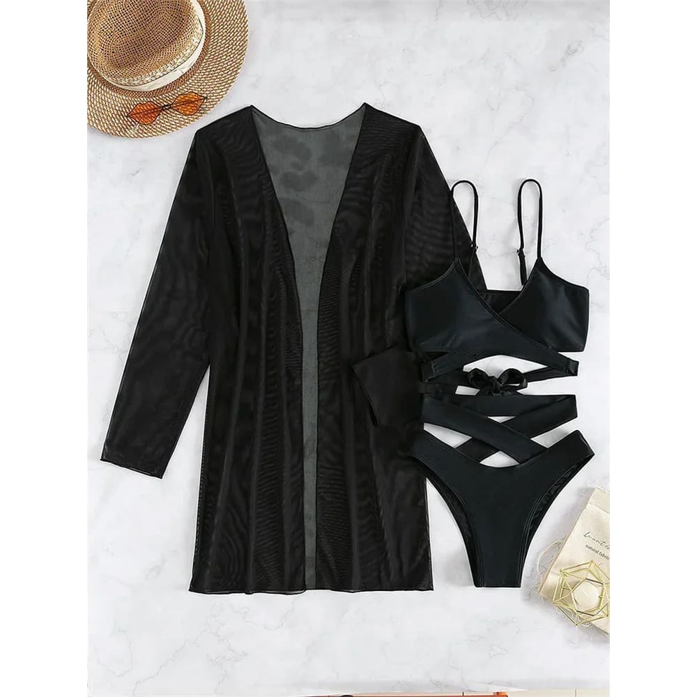 3‑Piece Mesh Cover‑Up Bikini Set with Push‑Up Top - On sale
