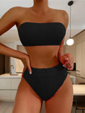 Black ruched bandeau bikini top with high-waist bottoms set