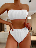 White ruched bandeau bikini top with high-waist bottoms set