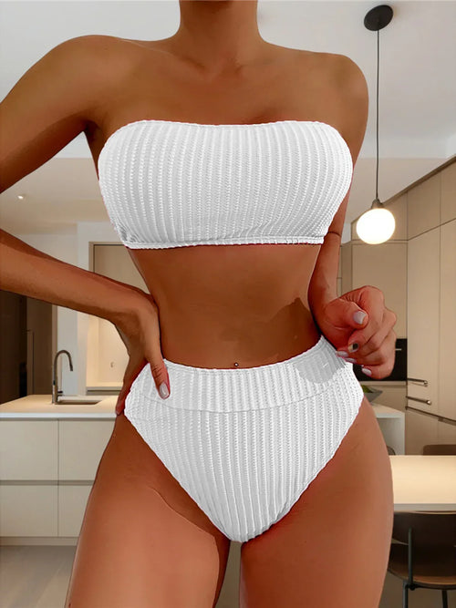 White ruched bandeau bikini top with high-waist bottoms set