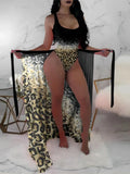 Leopard-Print Einteiliger Badeanzug mit passendem Sarong-Cover-up, schwarzer Träger