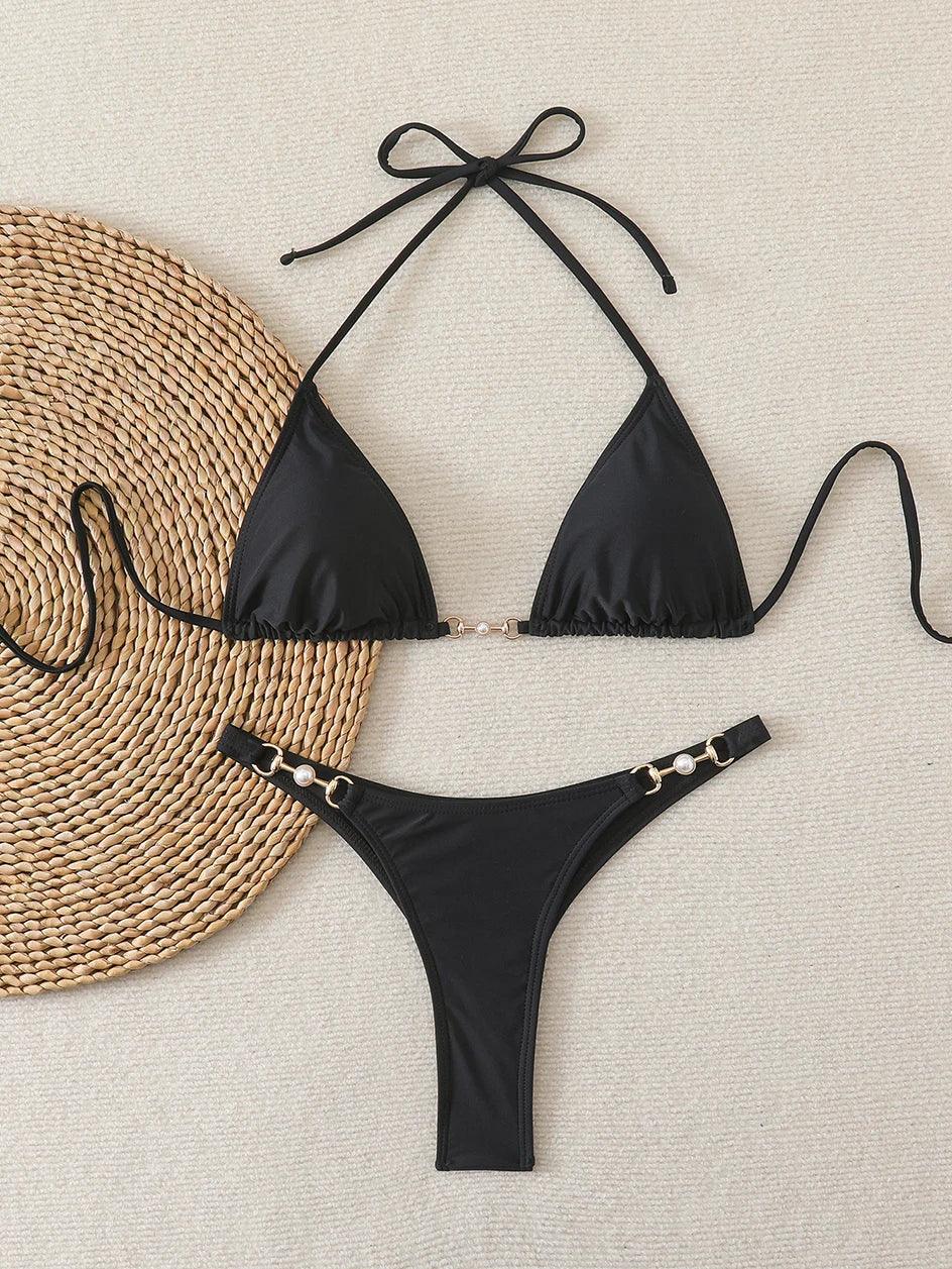 Chain Micro Thong Halter Bikini Set for Women - Black