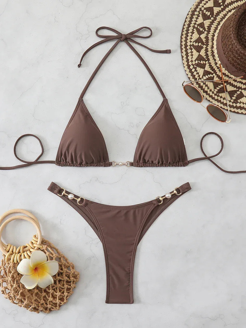 Micro Top Set Ketten-Bikini-Set – Micro-Tanga Neckholder Bademode | Sunnybikinis