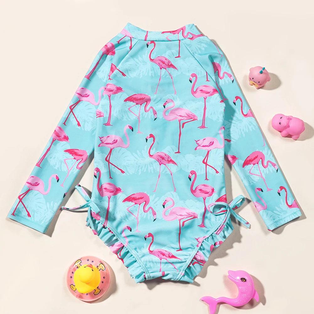Girls Long‑Sleeve Flamingo One‑Piece Swimsuit