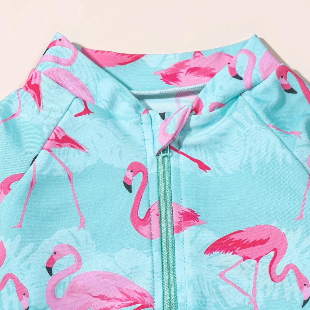Girls Long‑Sleeve Flamingo One‑Piece Swimsuit