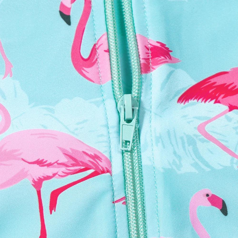 Girls Long‑Sleeve Flamingo One‑Piece Swimsuit