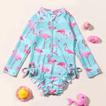 Girls long-sleeve flamingo one-piece swimsuit, light blue with pink flamingo print