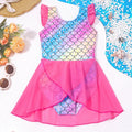 Girls mermaid swimdress one-piece with rainbow scale print and pink tulle skirt