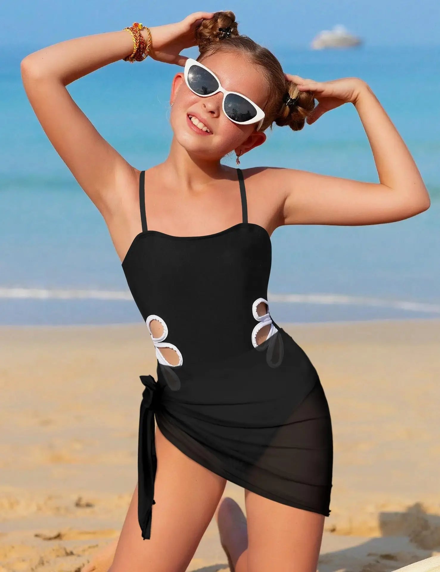 Girls_One_Piece_Swimdress_with_Wrap_Skirt_and_Floral_Cut_Outs_Black1 - Sunnybikinis