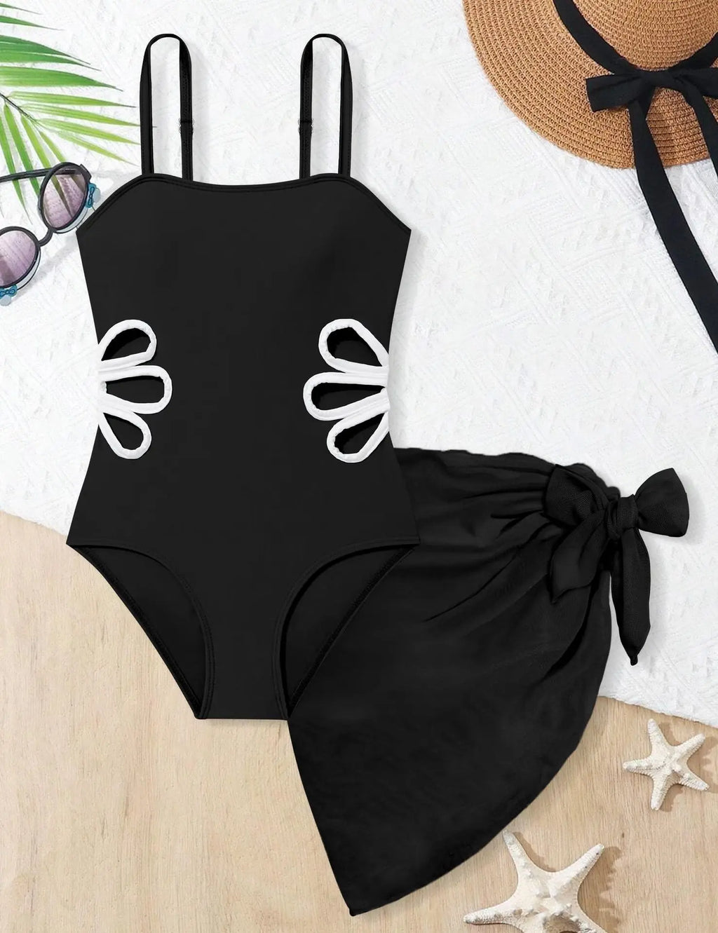 Girls_One_Piece_Swimdress_with_Wrap_Skirt_and_Floral_Cut_Outs_Black3 - Sunnybikinis
