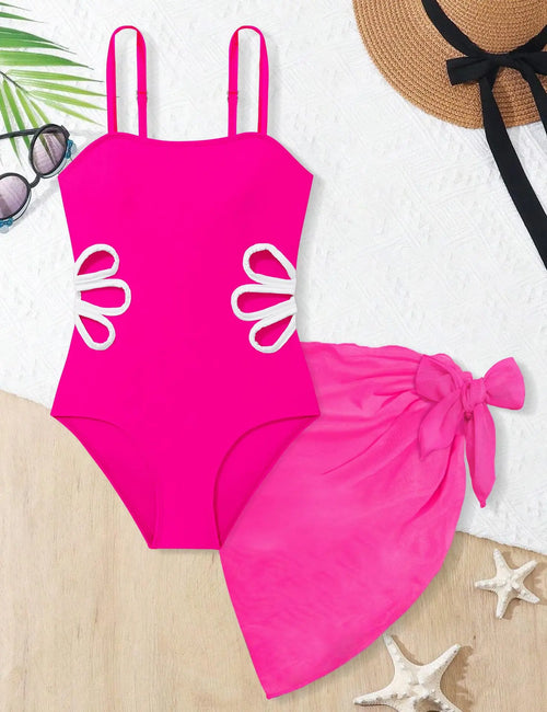 Mädchen-Swimdress Wickelrock, pink, seitliche Schleife, Blumen-Ausschnitte