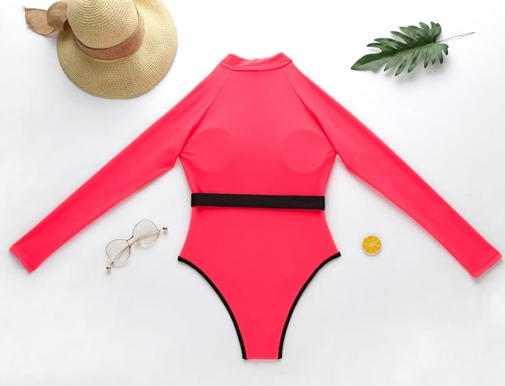 Neon Long Sleeve Zipper Front One Piece Swimsuits